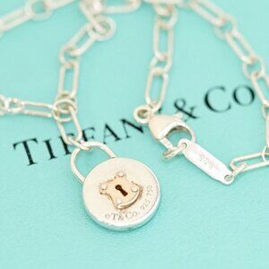Tiffany & Co. Lock Round Chain Bracelet 6.9" SV925 & 18K Gold Auth w/Box #22323